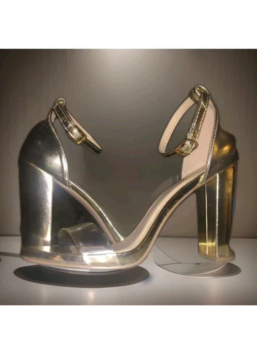 Gold Metallic Block Heel Ankle Strap Sandals